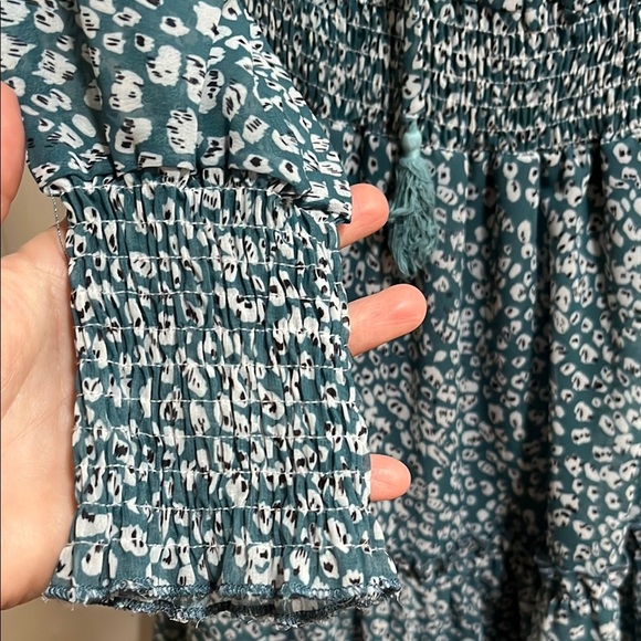 Blue White Long Sleeve V-Neck Sundress Ruffle Smocked Tiered Sheer Lined Small - Picture 3 of 10